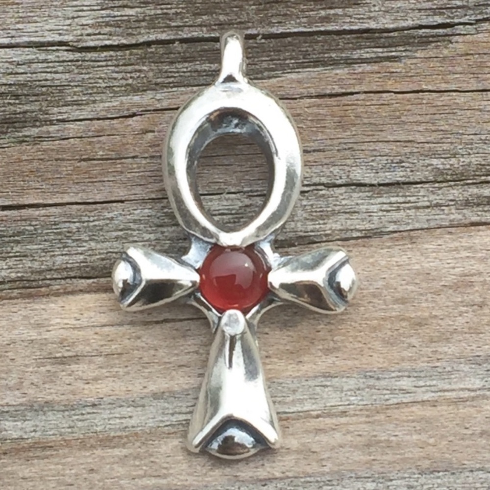 Egyptian Ankh .925 Sterling Silver Pendant w/ genuine carnelian gem made in USA